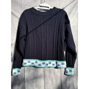 VTG Birch Bros Eagles Eye‎ Hand Knit Sweater Cable Knit Women Medium Navy Floral